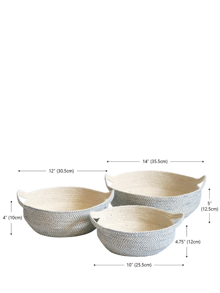 Hand-braided jute fruit bowl in cream with blue stitch and carry handles