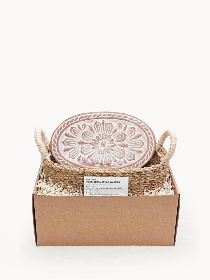 Flower oval bread warmer basket shown with its box
