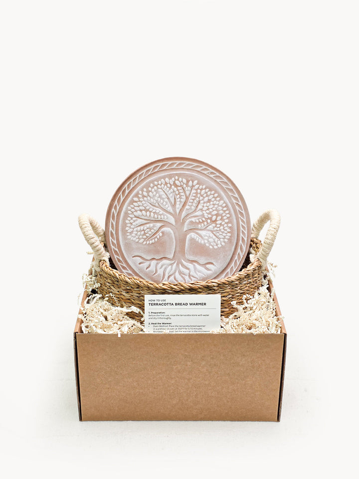 Tree of Life round bread warmer set shown with its box