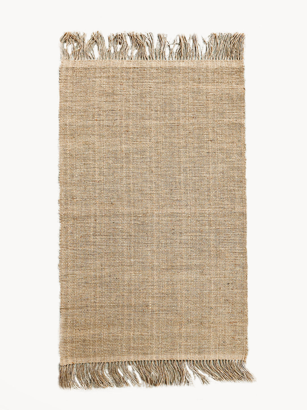Hand-braided jute area rug in natural color with fringed ends