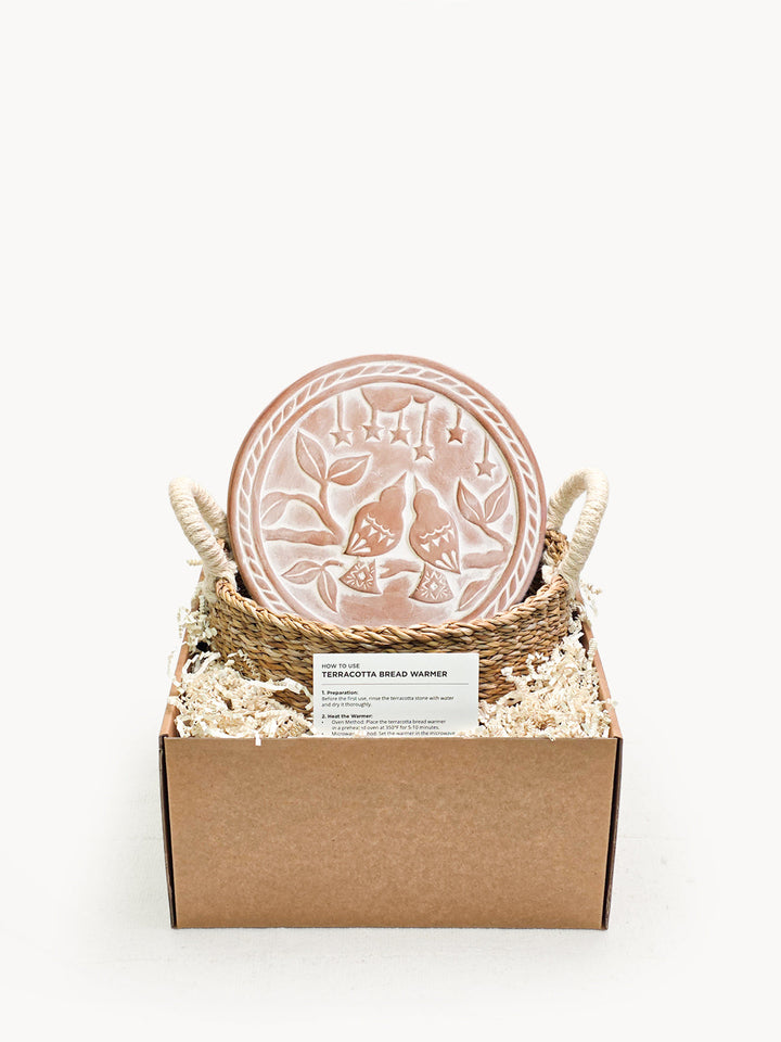Lovebirds round bread warmer basket shown with its gift box