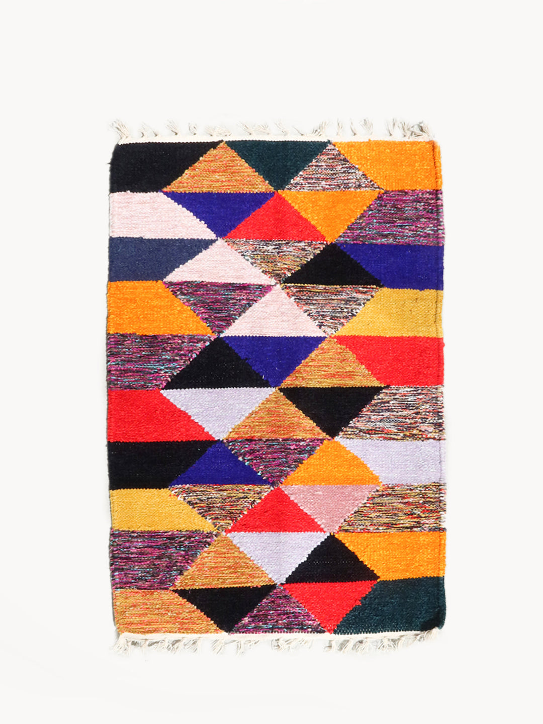 Hand-loomed floor mat from repurposed chenille, soft textured surface