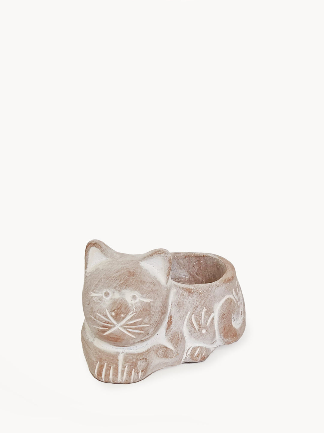 Terracotta sleeping-cat tea light holder in natural clay