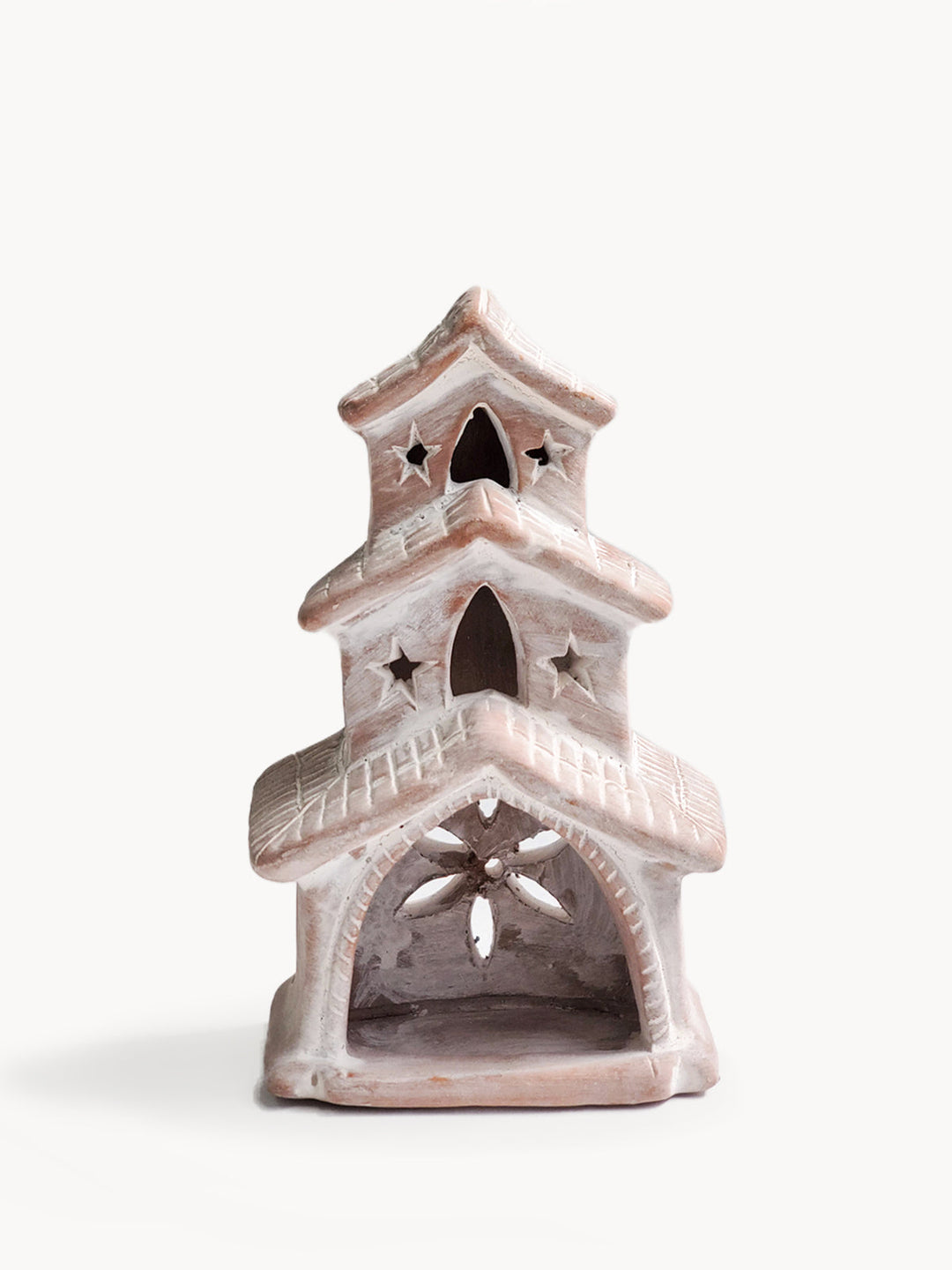 Terracotta house-shaped tea light lantern with cutwork in a natural finish