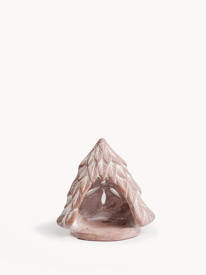 Terracotta tree-shaped tea light lantern with cutwork in a natural finish