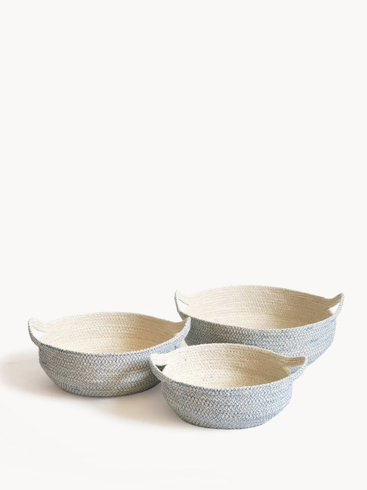 Off-white jute storage bowl with blue stitch pattern and handles, Fair Trade made