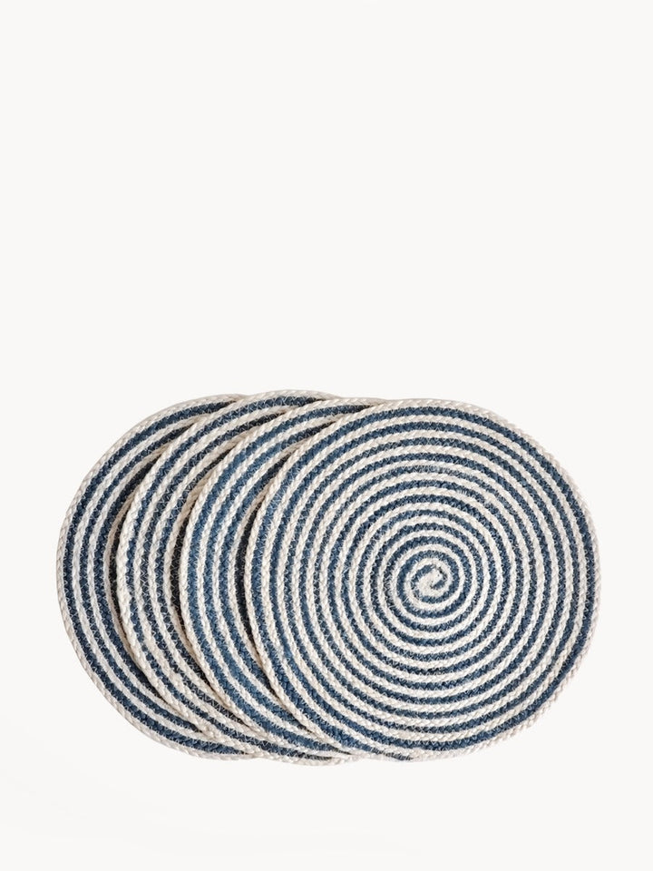 Blue and natural spiral jute round placemats, handwoven for the dining table