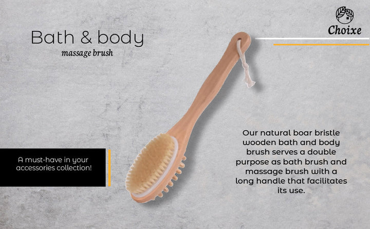Natural boar bristle bath brush with long handle, featuring a wooden grip for gentle, effective body scrubbing.
