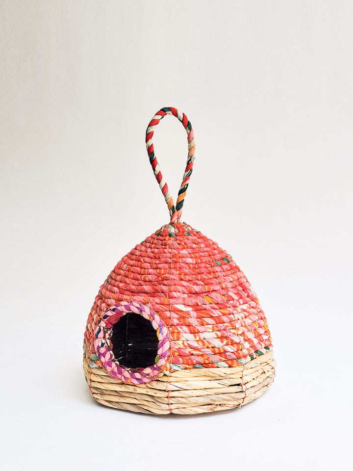 Handcrafted domed birdhouse from recycled sari fabric, round entry, garden display