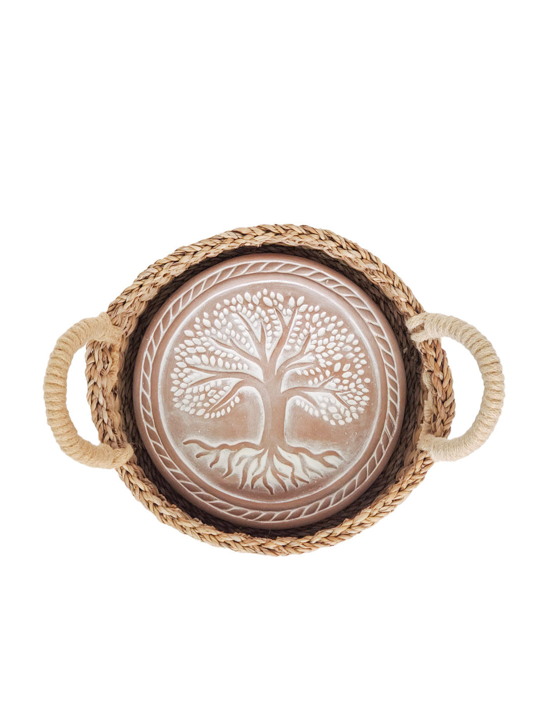 Tree of Life bread warmer and woven basket set on a table