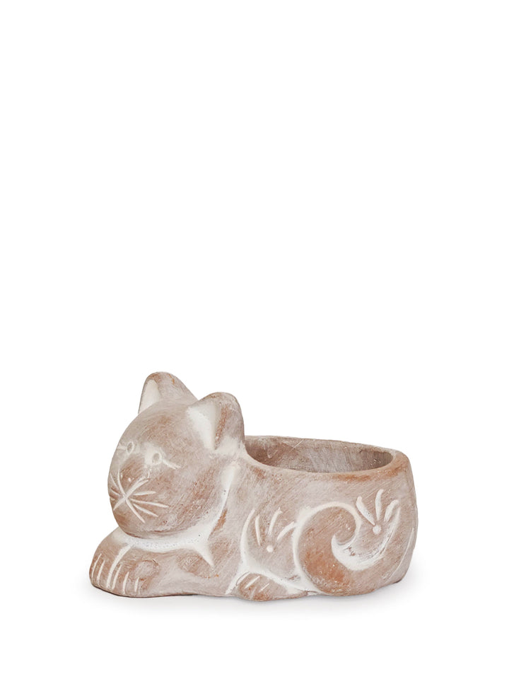 Handcrafted cat terracotta tea light holder detail