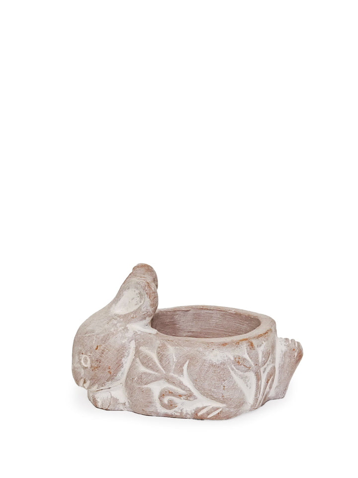 Handcrafted rabbit terracotta tea light holder detail