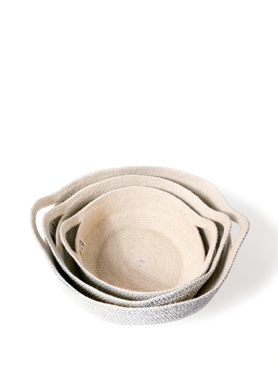 Off-white jute bowl with blue zigzag detail and looped handles, available in three sizes