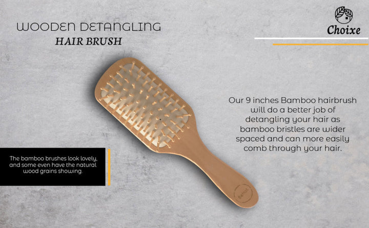 Bamboo detangling hair brush with a natural bamboo handle and wide teeth for gentle hair detangling.
