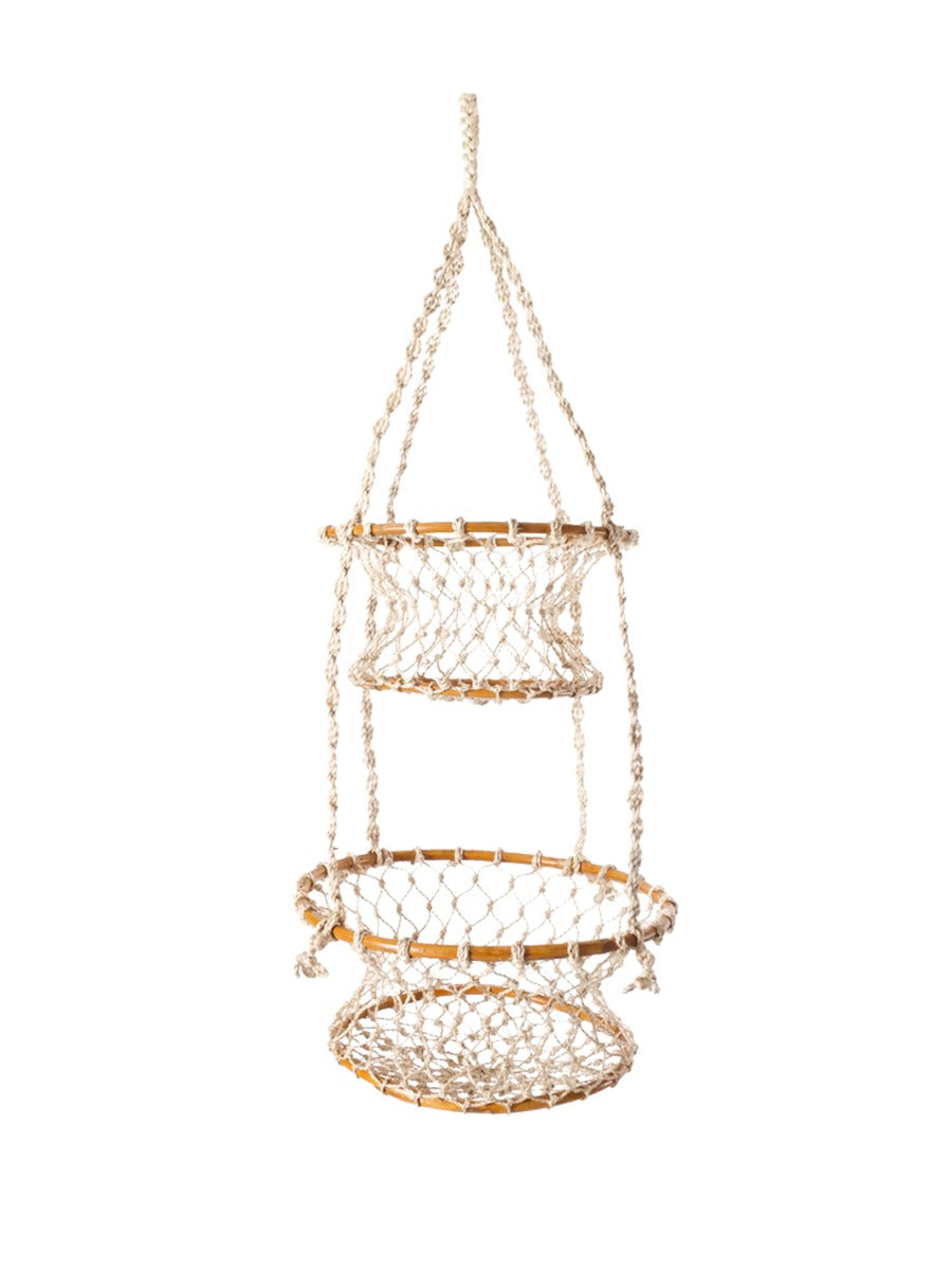 Two-tier natural jute double hanging basket with hooks, handwoven storage