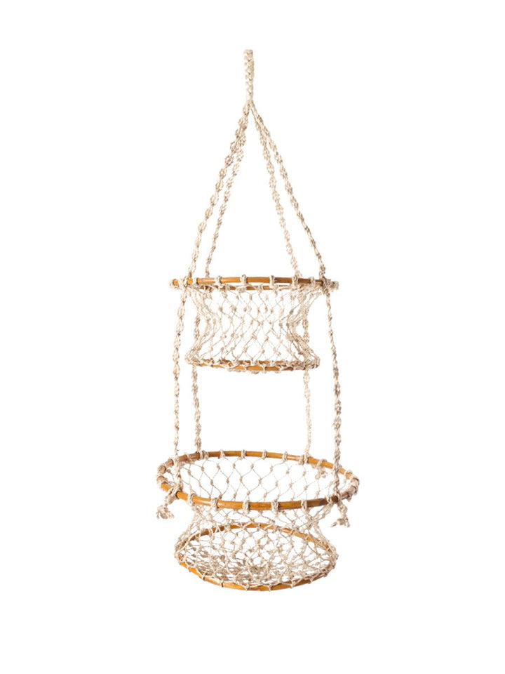 Two-tier natural jute double hanging basket with hooks, handwoven storage