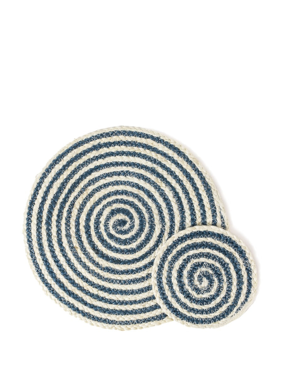 Blue round Kata Spiral placemat by DC-KORISSA, showcasing its spiral design and vibrant color on a table setting.