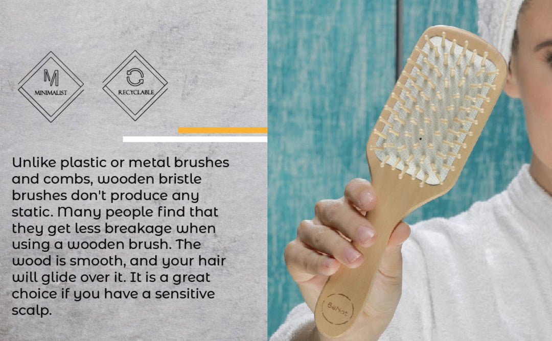 Bamboo detangling hair brush with a natural wood finish, designed for gentle, tangle-free hair styling.