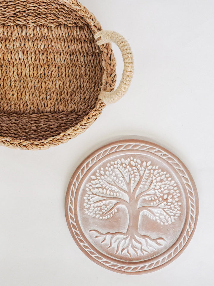Tree of Life terracotta warming stone with its woven bread basket