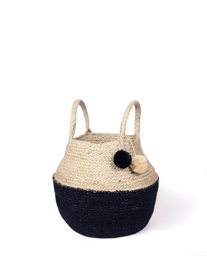Collapsible jute basket-tote shown upright, natural color with woven handles