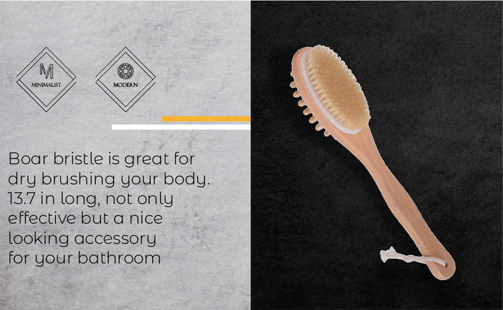 Natural boar bristle bath brush with long handle for easy exfoliation and cleansing of the back and body.