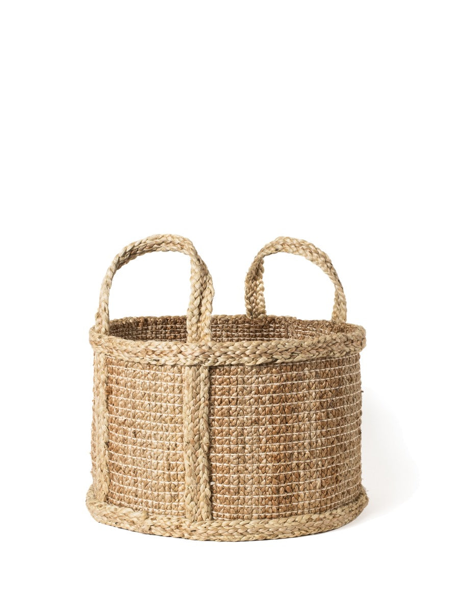 Round natural braided jute storage basket with handles, handwoven
