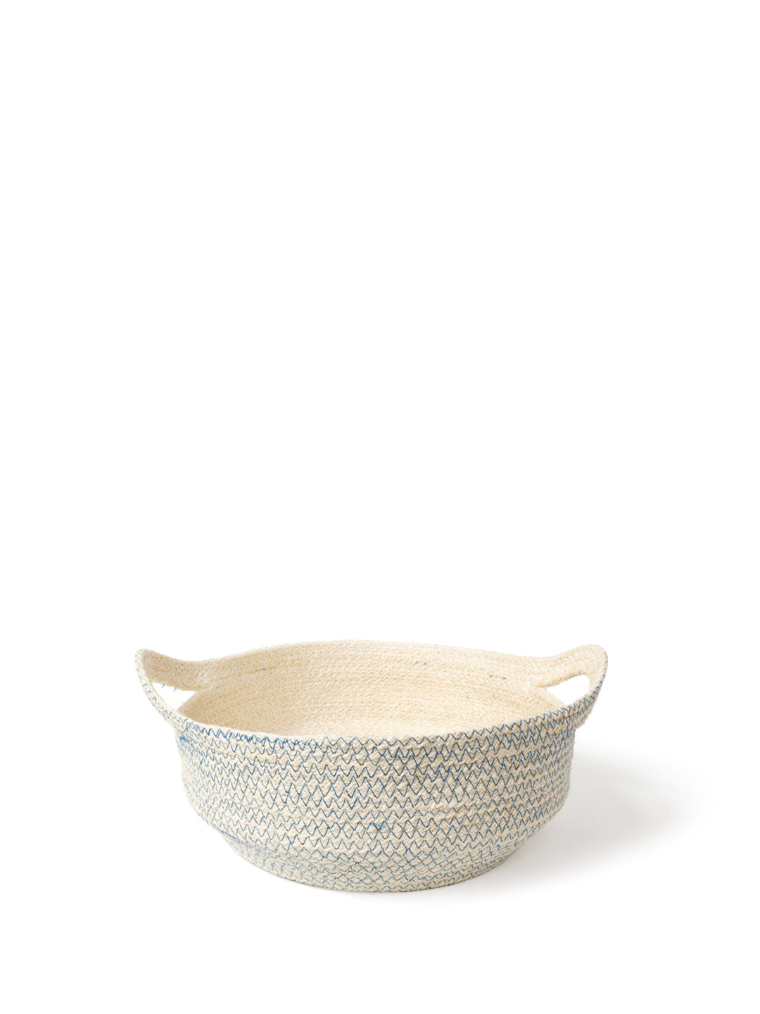Handwoven storage bowl in off-white jute with blue contrast stitch and handles