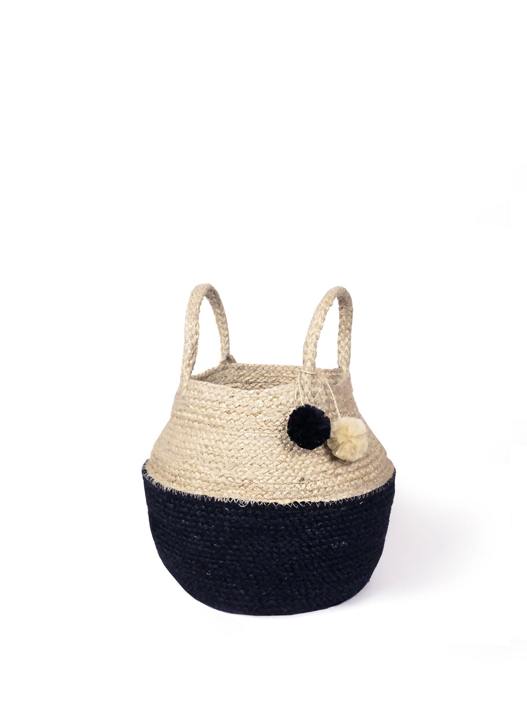 Foldable jute storage tote with woven carry handles, collapses flat for easy storage