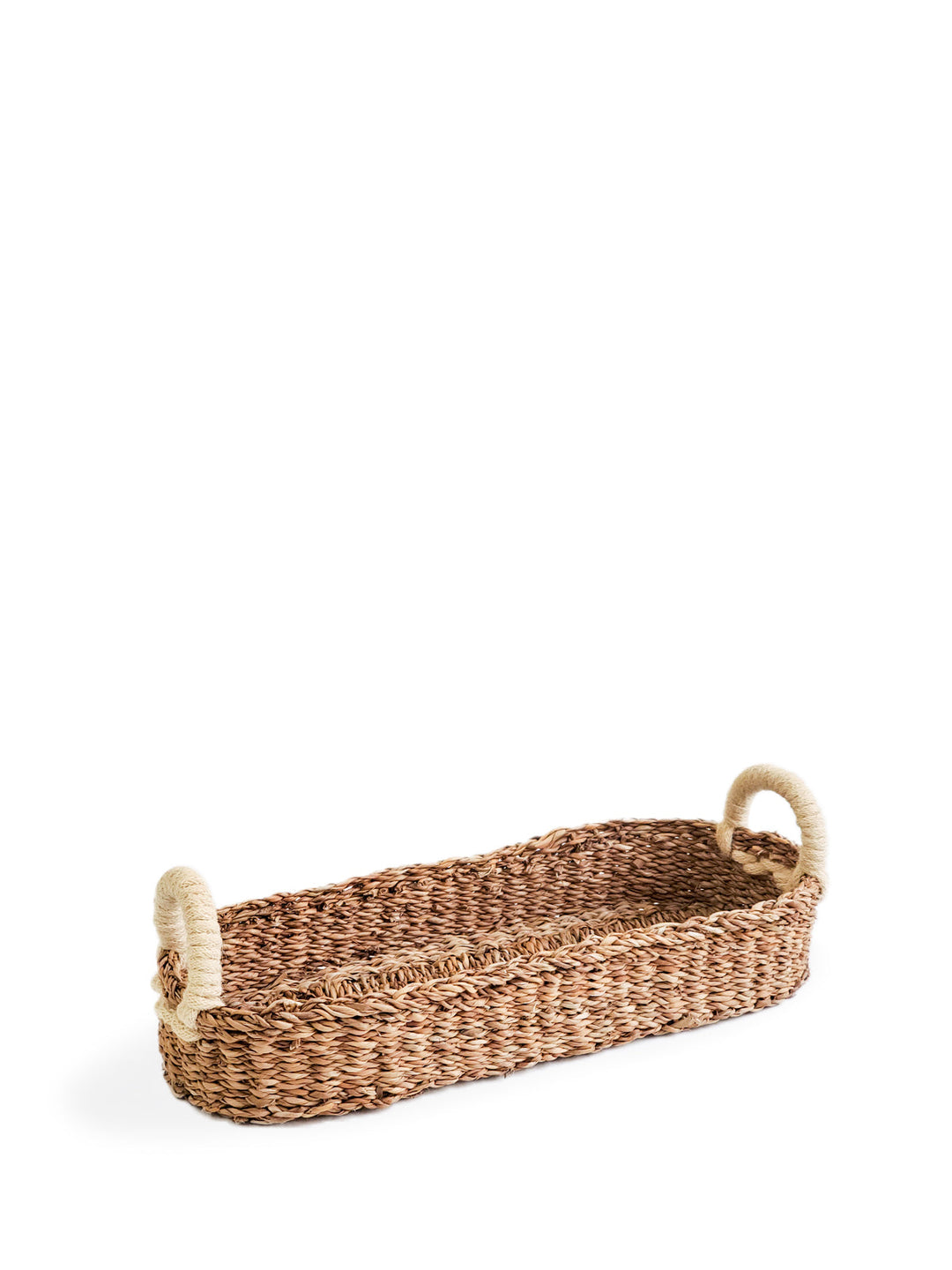 Open-weave seagrass bread basket with white handles for the table