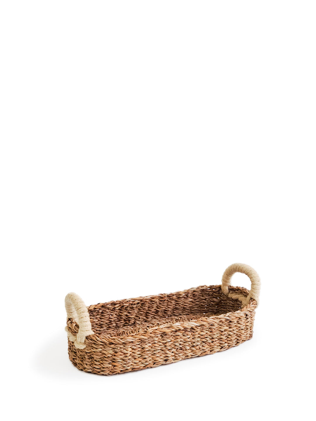 Set of two natural seagrass bread baskets with white handles for serving bread