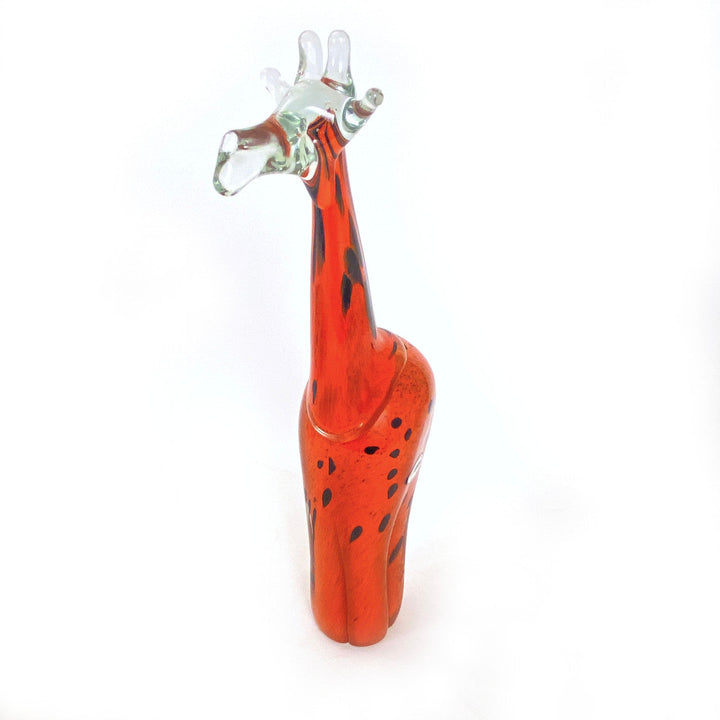Orange recycled-glass giraffe sculpture with a glossy handblown finish.