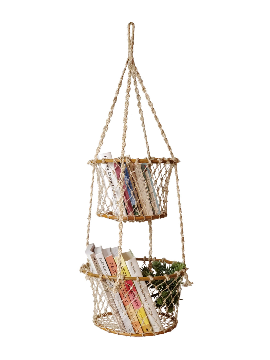 Natural jute double hanging basket with metal hooks, ideal for indoor or outdoor plant display by DC-KORISSA.