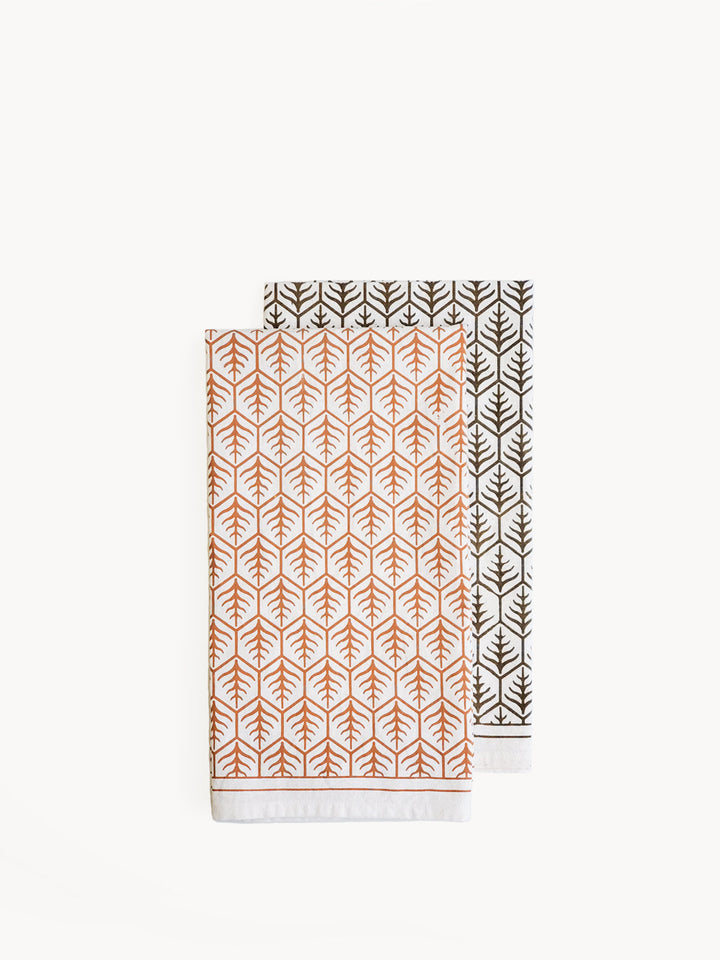 Set of 2 natural cotton tea towels with hand-screen-printed tree design