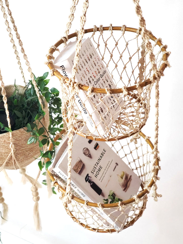 Natural jute double hanging basket by DC-KORISSA, featuring a woven design ideal for indoor or outdoor plant display.