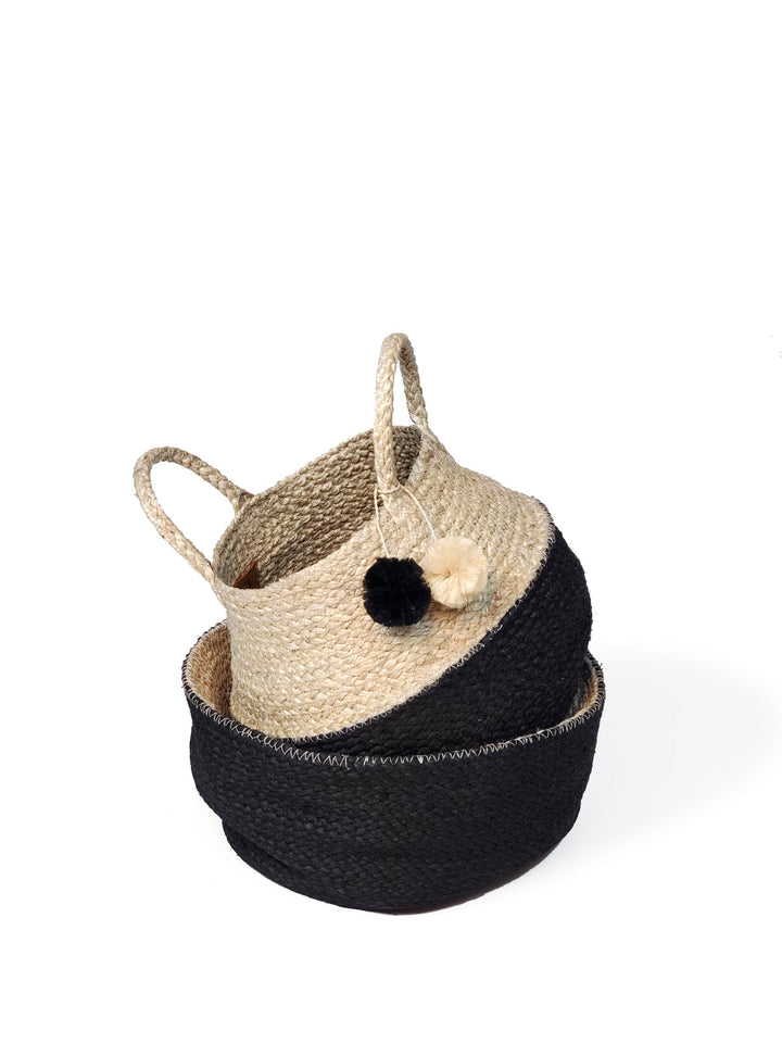 Natural jute foldable basket-tote with handles, dual-use storage and carrying