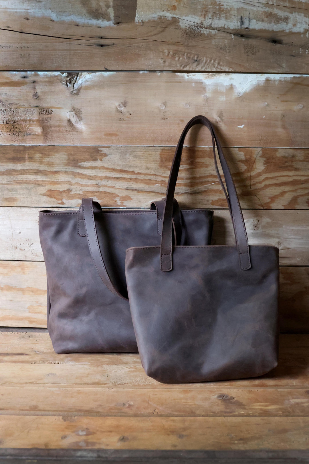Large full-grain leather tote bag with a spacious interior that ages to a patina.