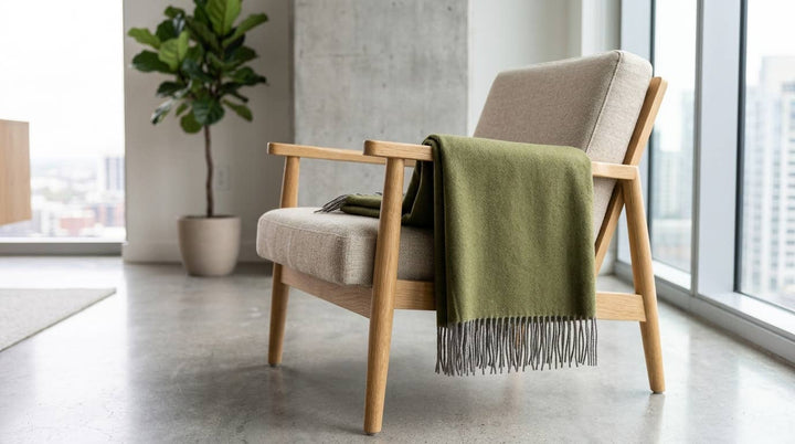 An olive baby alpaca throw over the back of a light wood armchair beside a window.