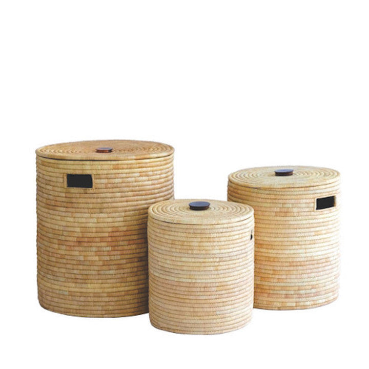 Natural Malawi palm basket with lid and mahogany wooden handle, handwoven storage