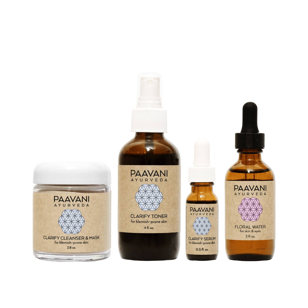 Clarify Ayurvedic skincare ritual set with herbal products.