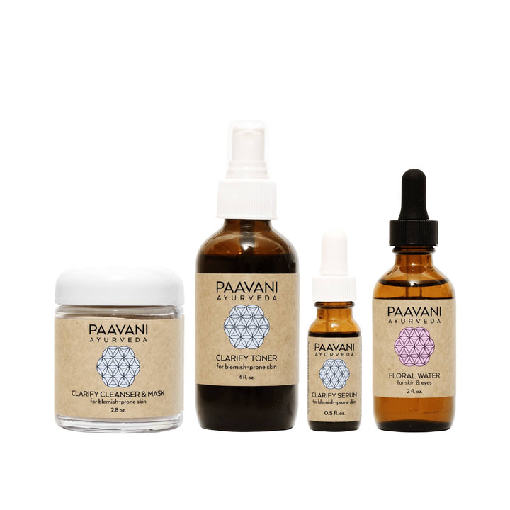 Clarify Ayurvedic skincare ritual set with herbal products.