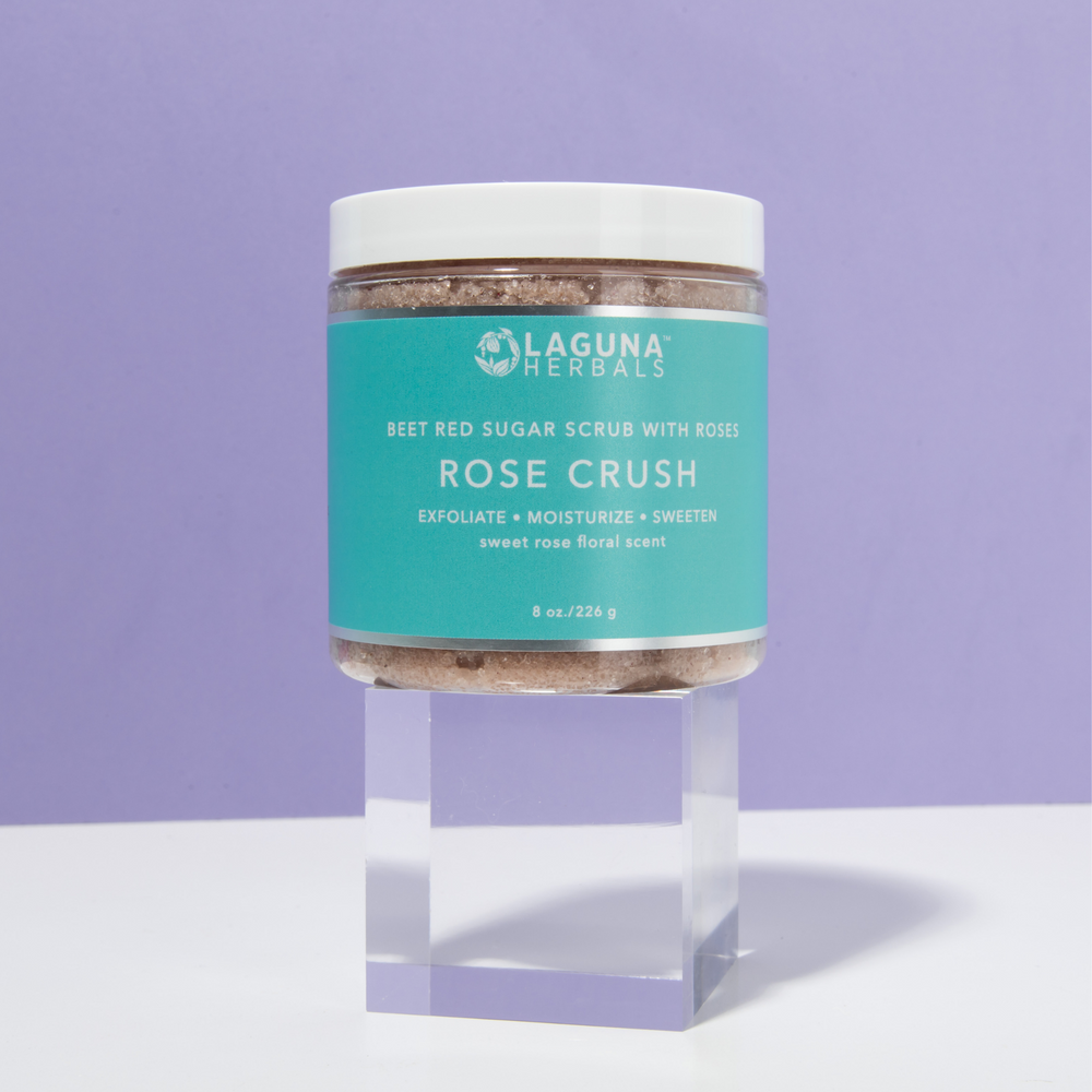 Rose Crush body scrub in a jar, a floral sugar scrub with rose petals.