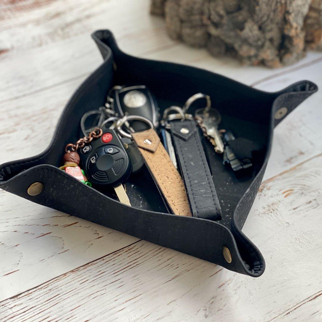 Cork catch-all tray for organizing keys, coins, and small items.