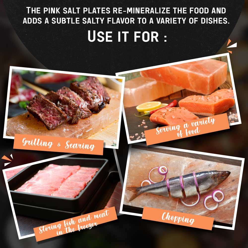 Himalayan pink salt cooking plate, a natural salt block for grilling and serving.