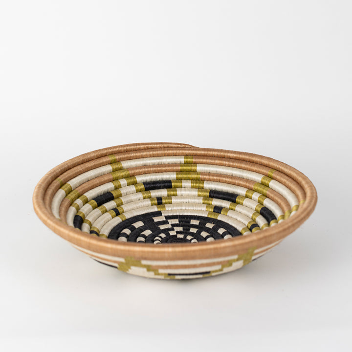 Medium Boutique Vestine woven bowl in green, black, and cream sisal.