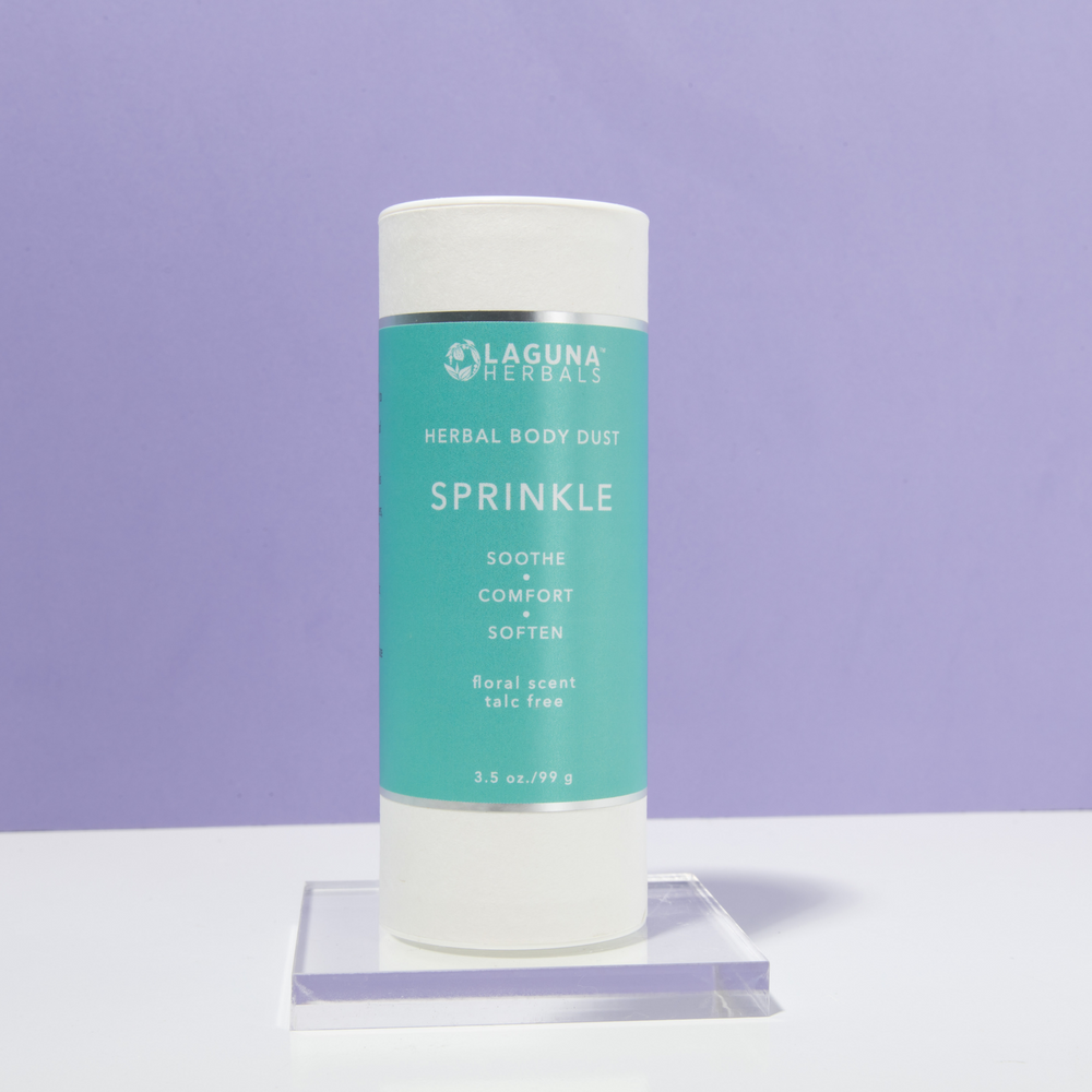 Talc-free organic body powder in a white container.