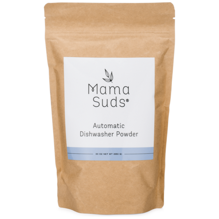 Natural, PVA-free automatic dishwasher powder in a container with a scoop.