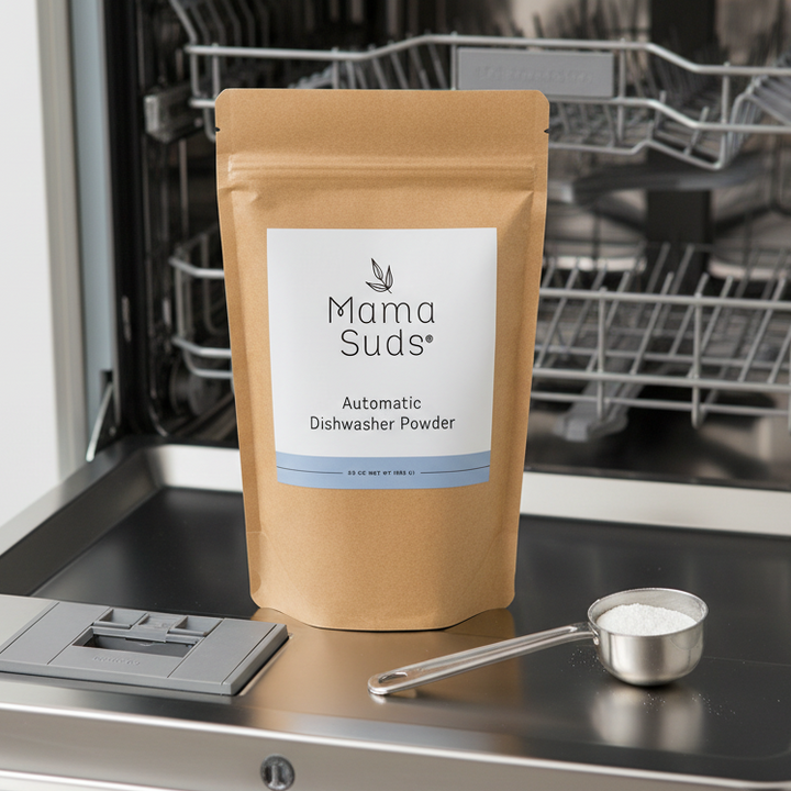 Natural, PVA-free dishwasher powder in a clear container with a scoop.