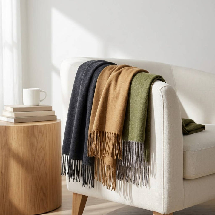 Three alpaca throws in charcoal, camel and olive draped over a white armchair.