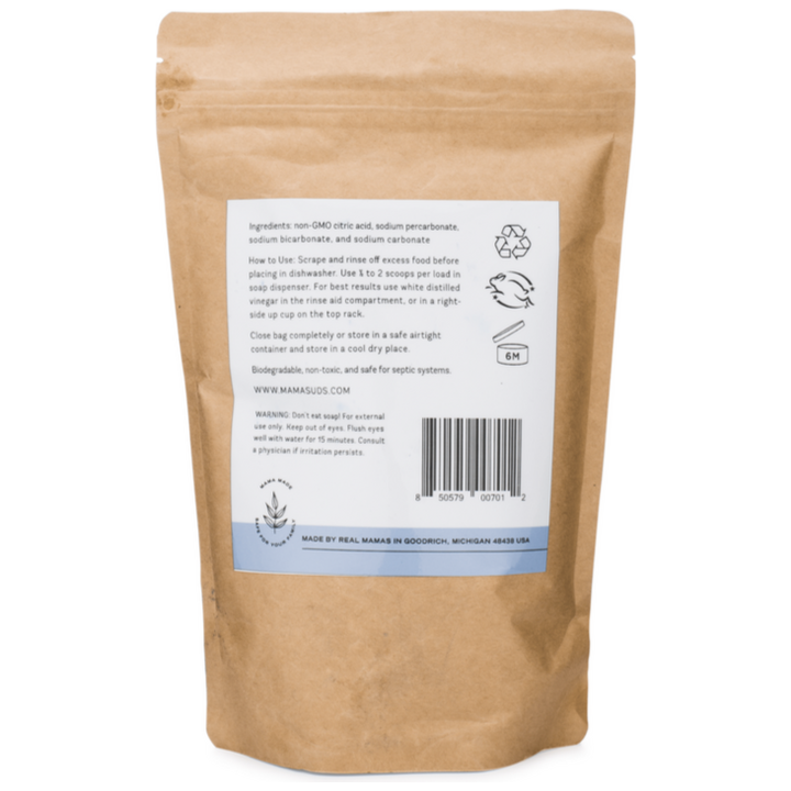 Natural, PVA-free dishwasher powder in a container.