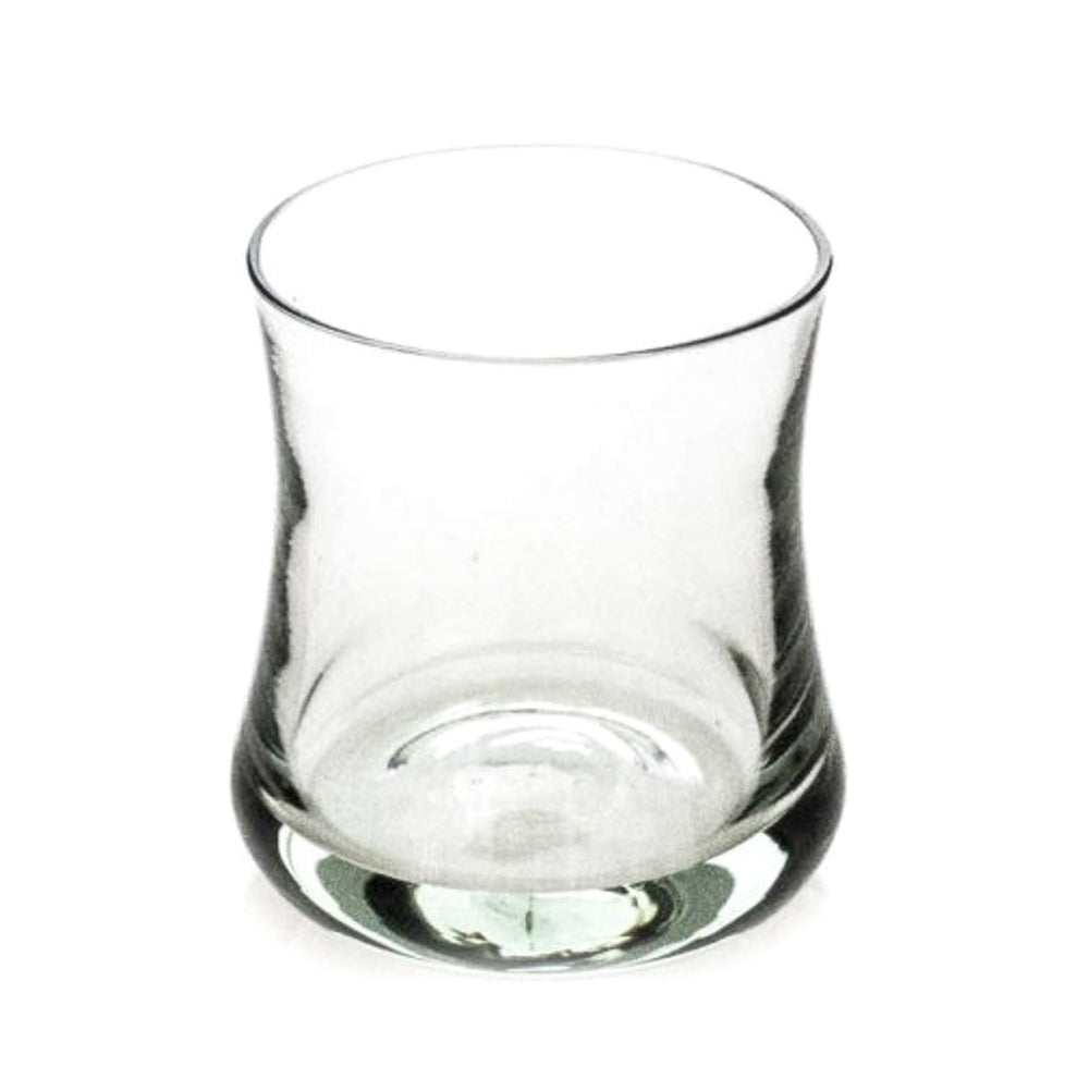 Handblown recycled glass cocktail tumbler with a clear, round design.